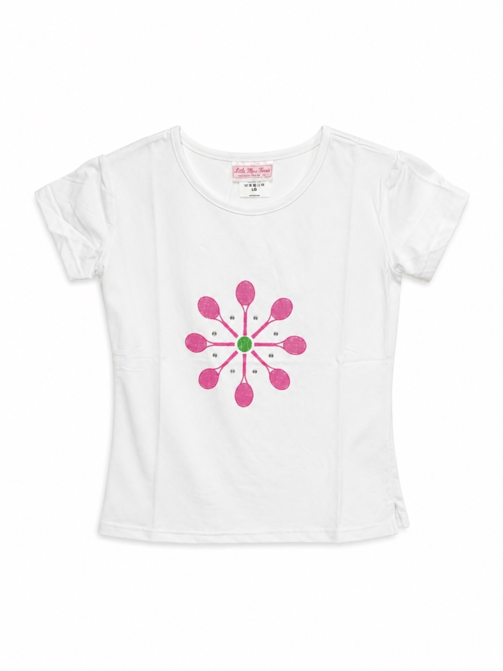 Little Miss Tennis White T-Shirt Pink Flower Design Size Large - NWT